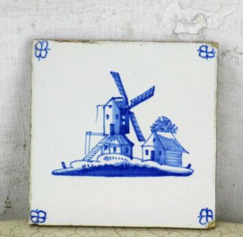 Antique Delft Tile Dutch Blue White Windmill Landscape