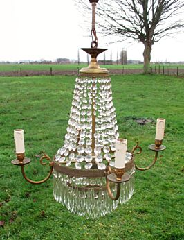SOLD Vintage French Bag Basket Crystal Prisms Waterfall Chandelier 4 candles 5 lights