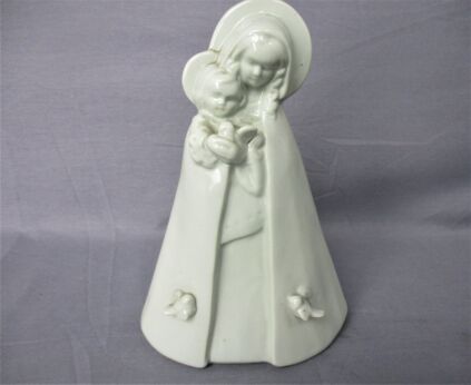 Blue Glazed Statue Virgin Mary Madonna Infant Jesus Sweet Marked Téco Belgium birds Doves 8.26"