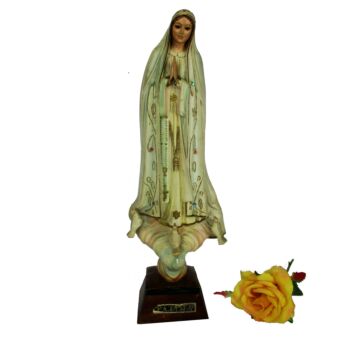Vintage Small Statue Our Lady Fatima Portugal Resin Glass Eyes Doves HTF