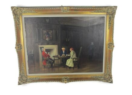 Oil Painting on Canvas Gorgeous Wooden Frame  Exquisite  XL  Victorian Gentlemen playing cards