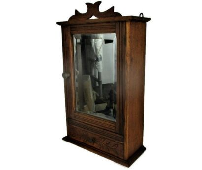 Mid Century Kitchen Apothecary Medicine Bathroom Wall Cabinet Oak Beveled Glass Mirror
