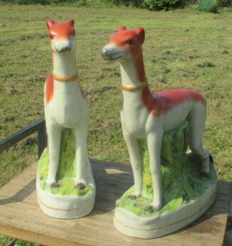 Antique Pair Old Staffordshire Ware England Whippet Dogs Greyhound 19th Century