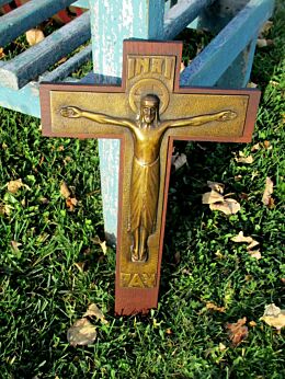 Wooden Hanging Crucifix Cross Modernism Brass Plate Pax Jesus Christ 13.78"