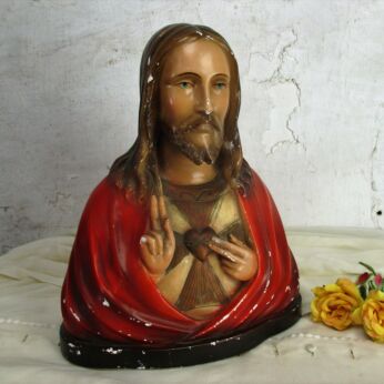 Vintage Plaster French Bust Jesus Christ Statue Sacred Holy Heart Art Deco
