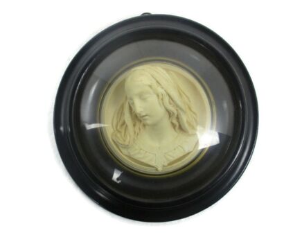 Antique Round Ornate Wooden Frame  Convex Glass Dome  Virgin Mary Head  Beautiful