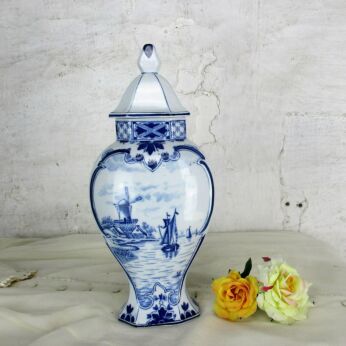 Small Vintage Delft Lidded Vase Urn Blue White Lovely Seaside Boats 12.99"