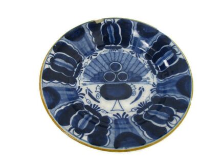 19th Century Delft Wall hanging Charger Plate Blue White Antique Peacock Tail Marked Three Bells