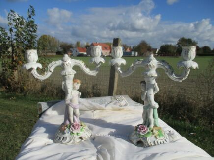 Couple Double Candle Holders Germany Porcelain Von Schierholz Angels Putti