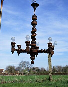Barley Twist Wooden Chandelier carved Wood 6 arm Lights Vintage