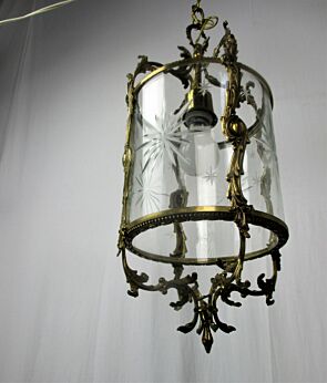 Vintage Lantern Ornate Brass Etched Glass Chandelier Pendant French Round Glass
