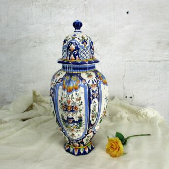 Vintage Polychrome French Vase Urn Marked Lidded Vase hand Painted 14.96"