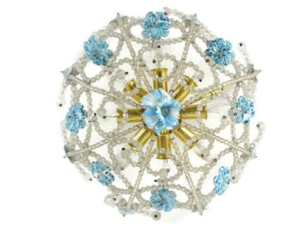 Italian Plafonière Fixture Lamp Crystal Prisms Murano Art Glass Flowers 8 lights