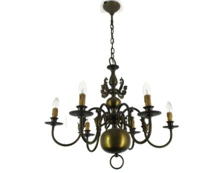 Flemish Dutch Chandelier 6 Arm Lights Brass Fish Seahorses Countryhouse Vintage