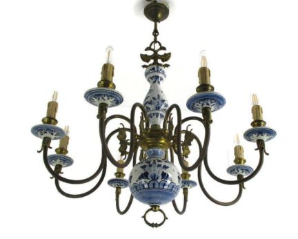 L Dutch Delft Blue White Chandelier Porcelain Ornate Brass 8 Light Arms Jesters