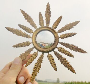 Extremely Small Vintage Sunburst Star burst Dome Globe Mirror Brass Flower Retro
