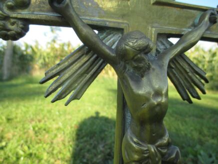 Antique Brass Standing Crucifix Holy Water Font Angels Ornate Lion Feet WOW