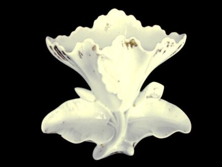Miniature Small Antique Porcelain Fan Flair Bridal Vase ornate white Flowers Lovely 5.51"