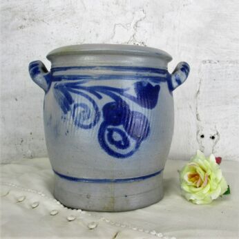 Antique French Stoneware Earthenware Crock Jar Lard Cobalt gray Decorative 9.05"