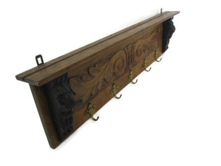 Hand Carved Wood Wall Shelf Coat Hat Kitchen Rack Lion Heads Two Toned 50s Mid Century Modern