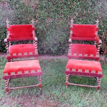Antique Couple Throne Armchairs Footstools Barley Twist Double Headed Eagle WOW