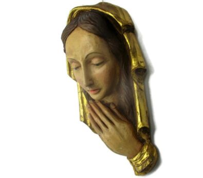 Art Deco 1920s Wall Plaque Virgin Mary Madonna Folded hands Polychrome Gorgeous Resin