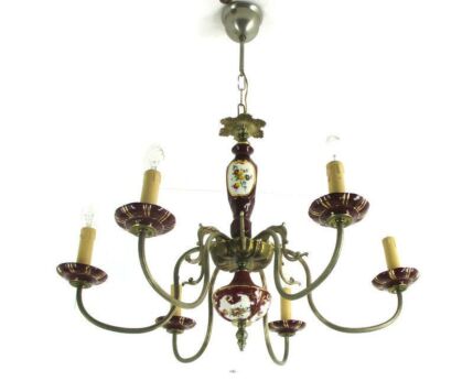 Chandelier 6 Arms Lights Ceramic Porcelain Ceramic Brass Italian Style Flowers