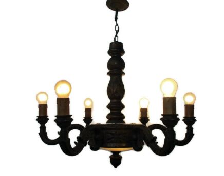 Hand Carved Wooden Glass Chandelier Ornate 6 arm Country Farmhouse Barn Style