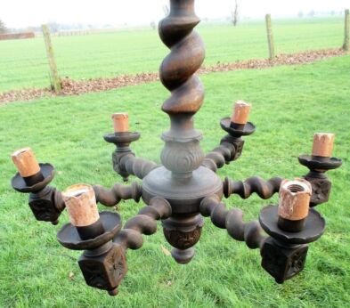 Antique Barley Twist Wooden Chandelier carved Wood 6 arm lamp
