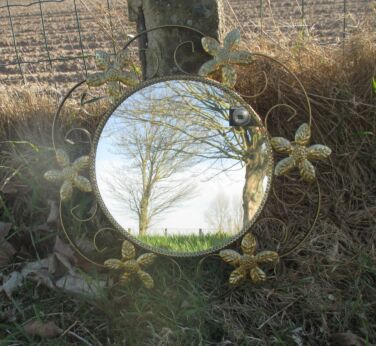 Lovely Sunburst Iron Wall Mirror Mid Century Mirror Gold Flowers