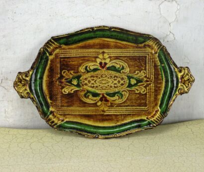 Small Italian Mid Century Hollywood Regency Florentine Serving Tray Green 14.17"