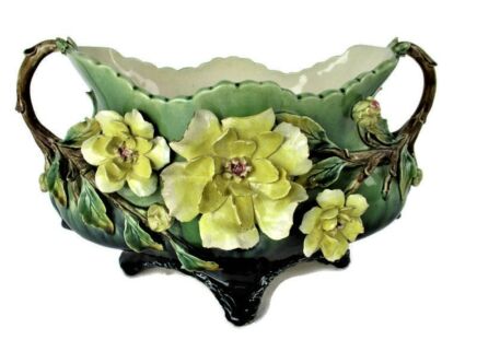 Antique French Barbotine Majolica Applied Roses Basket Centerpiece Planter Beautiful