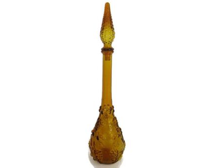 Vintage Art Bubbled Glass  Amber Brown Empoli  Bottle Italian Grapes  Italian