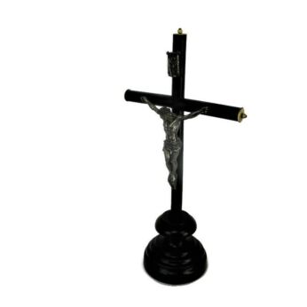 Antique Dark Carved wood Table Standing Crucifix Round Base Spelter Corpus
