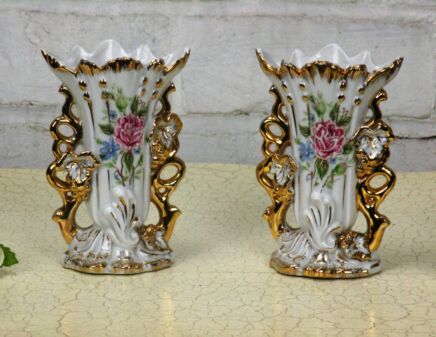 Lovely Couple Antique Vieux Paris Porcelain Fan Flair Bridal Vases Beautiful