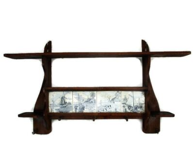 Antique Barn wooden Kitchen Coat Hat Rack Very rare Delft Tiles Dutch HTF