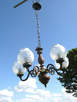 Vintage Chandelier Lamp Etched style Frosted Glass Stunning 5 arms Wood