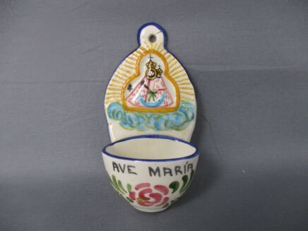 Vintage Holy Water Font Vessel Ave maria Madonna Crucifix Porcelain beautiful Italian Style