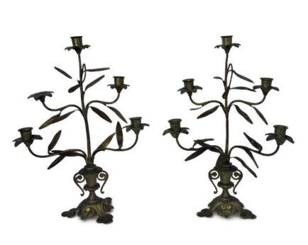 Couple Candle Holders Brass Lilies Religious Church Candelabra 5 arm HTF