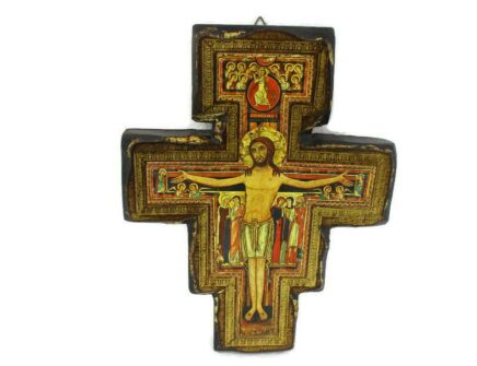 Florentine Wood San Damiano Wall Hanging Crucifix Jesus Christ Gold Gilt Rare 10.78"