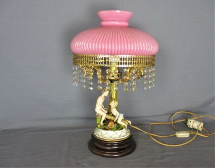 Italian Table Desk Nightstand Lamp  Porcelain Figurine Putti Opaline pink Cased Glass Shade  Signed Cesar Villari Capodimonte