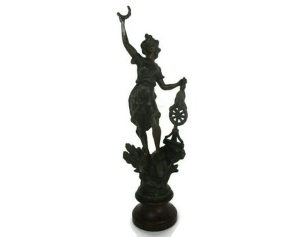 Sculpture Statue Spelter on Wooden Base Woman with Sickle Spinning wheel? Art deco Figurine 17.71"