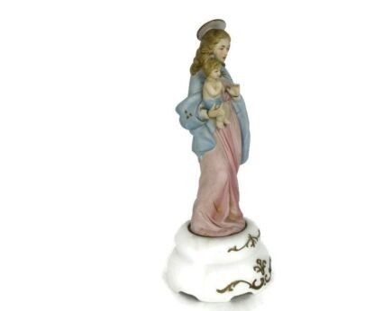 Statue Virgin Mary Our Lady Madonna Statue Infant Child Polychrome Tenderness Porcelain Music Box (not working)