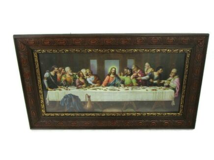 XL Vintage Wooden Two toned gorgeous Frame Jesus Christ Last Supper Iconic Print Art Deco