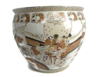 XX Large Vintage Chinese Porcelain Enamel Koi Fish Bowl Planter Vase Flowers Planter Cachepot  Stunning Enamel Geishas