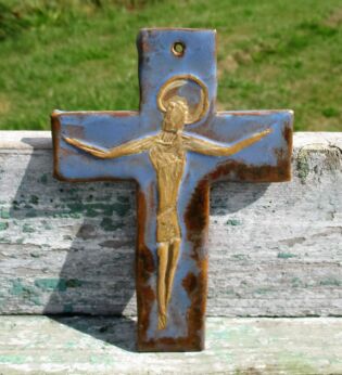 Small Mid Century Design Ceramic Modernist Crucifix era Perignem Blue Lovely