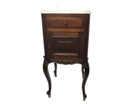 Antique French Art Deco Nouveau Marble top Hand Carved Wood Side Cabinet Lamp End Table Nightstand Barn Style