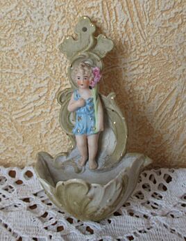 Antique White Holy Water Font Porcelain Little Girl Church Wall Hanging