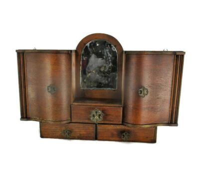 double Art Deco hand Carved Wood Medicine Apothecary Display Cabinet carved wood Beveled Glass Mirror