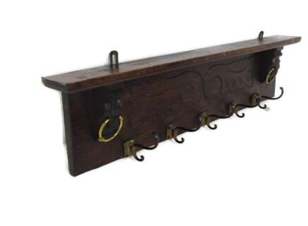 Antique Ornate Hand Carved Wood Coat Kitchen hat Rack Lion Heads Rings